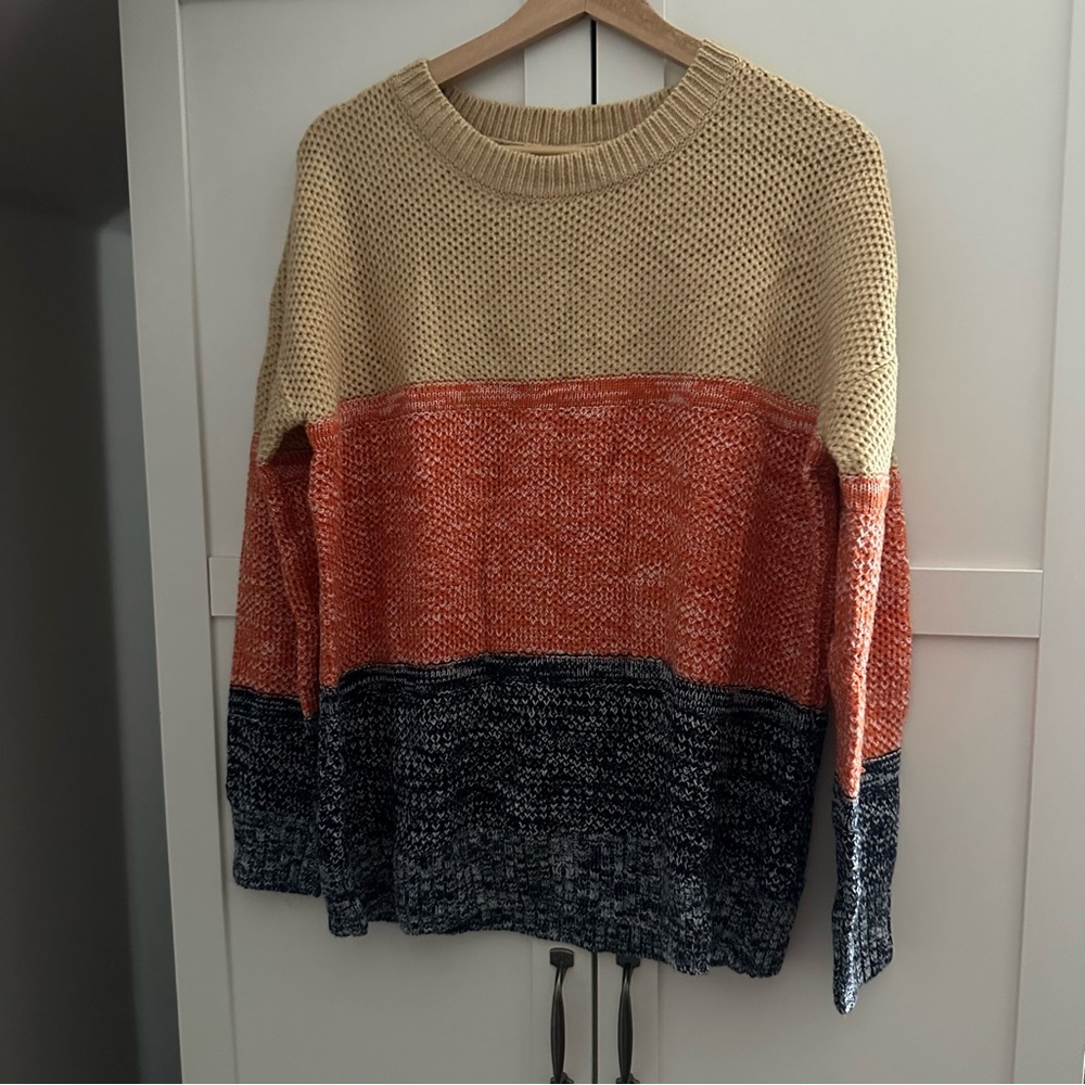 MEROKEETY Colorblock Knit Sweater - Orange, Beige, and Navy